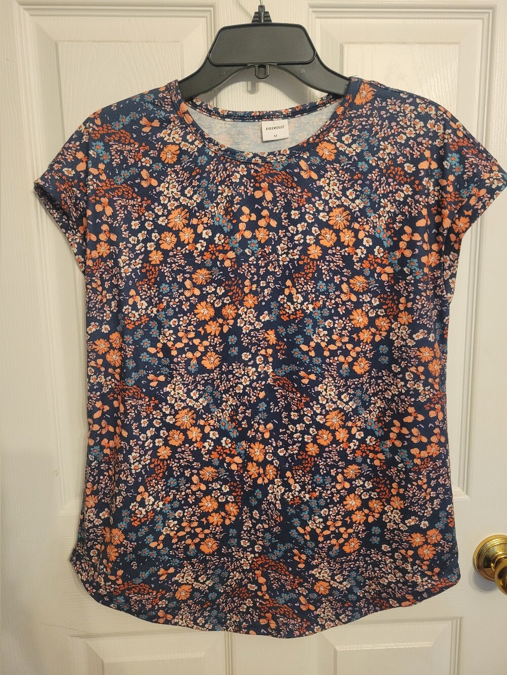 Amazon Navy Short Sleeve Tee with Orange & Blue Floral Print